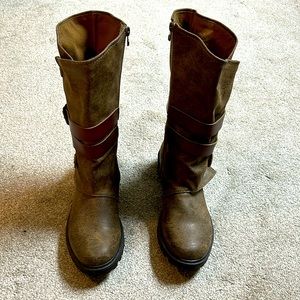 Weathered brown Blowfish boots with dark brown straps.